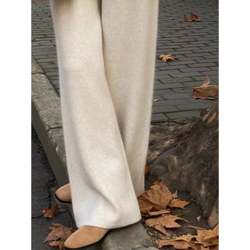 Women's Wool Wide-Leg Cashmere Pants - Soft Drapey Straight-Leg for Autumn and Winter
