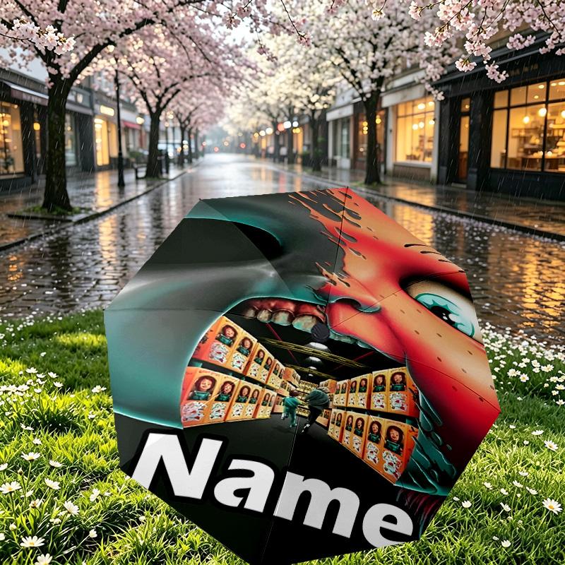 Custom Name Personalized Bride of Chucky Print Umbrella, Auto Open Close, 8‑Rib Sturdy Frame, Commute Camping Hiking Use, Birthday Gift
