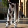 Men Summer Mesh See Through Pants Summer Striped Long Trousers