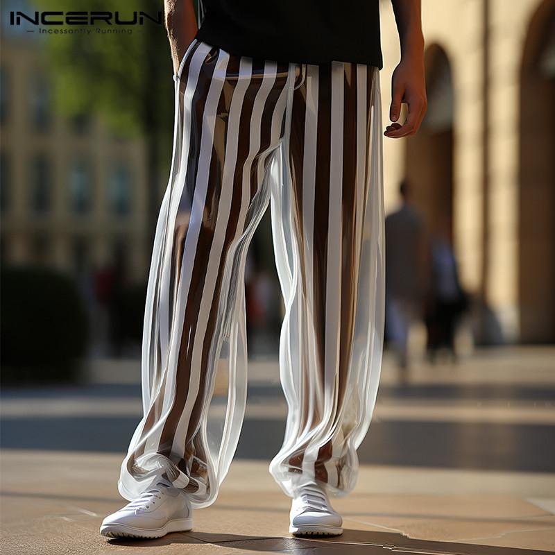 INCERUN Men Summer Mesh See Through Pants Summer Striped Long Trousers