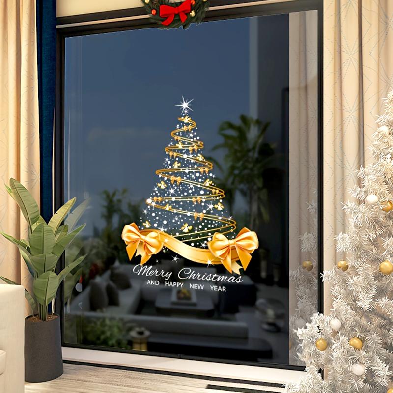 1 шт. Наклейка на окно для дома с большим бантом DIY ПВХ 40x55 см Рождественская наклейка на окно с елкой Золотая елка