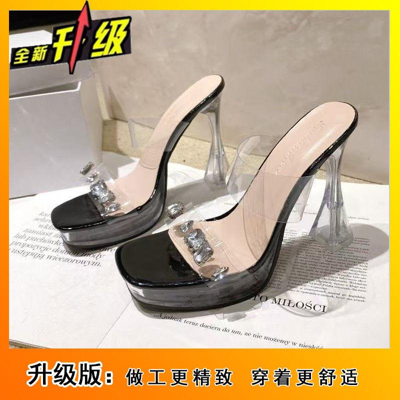 Versatile Super High-heeled Women's Shoes Rhinestone Cool Slippers 2025 New Beautiful Crystal Thick Heel Transparent Waterproof Table Sandals Women