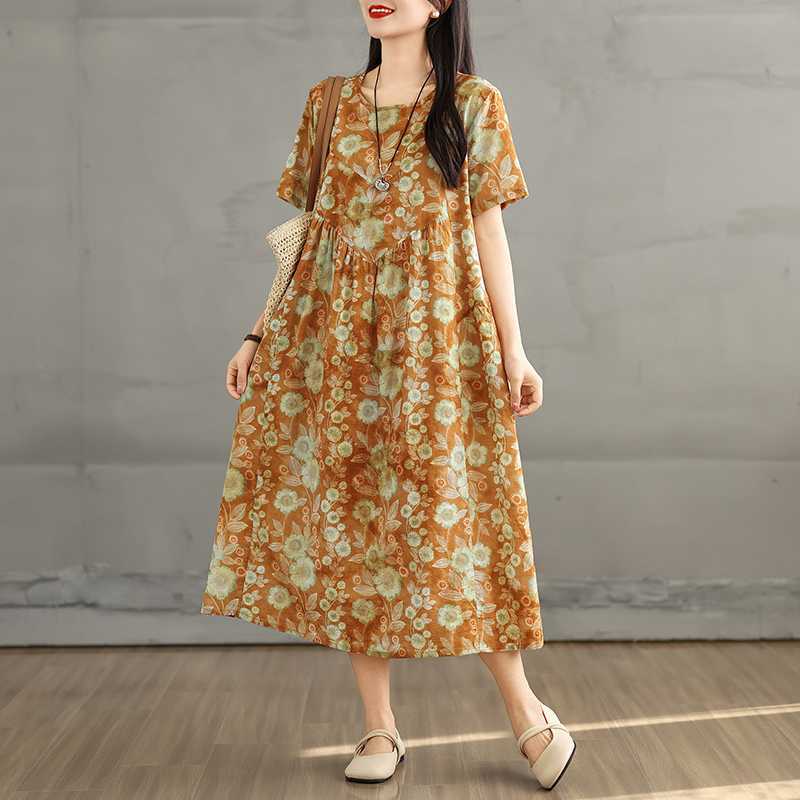 Summer Retro Cotton and Linen Round Neck Short Sleeved Dress, Women's Loose Skirt