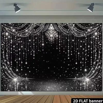 Ткань с 2D черным блестящим звездным фоном для юбилея и выпускного