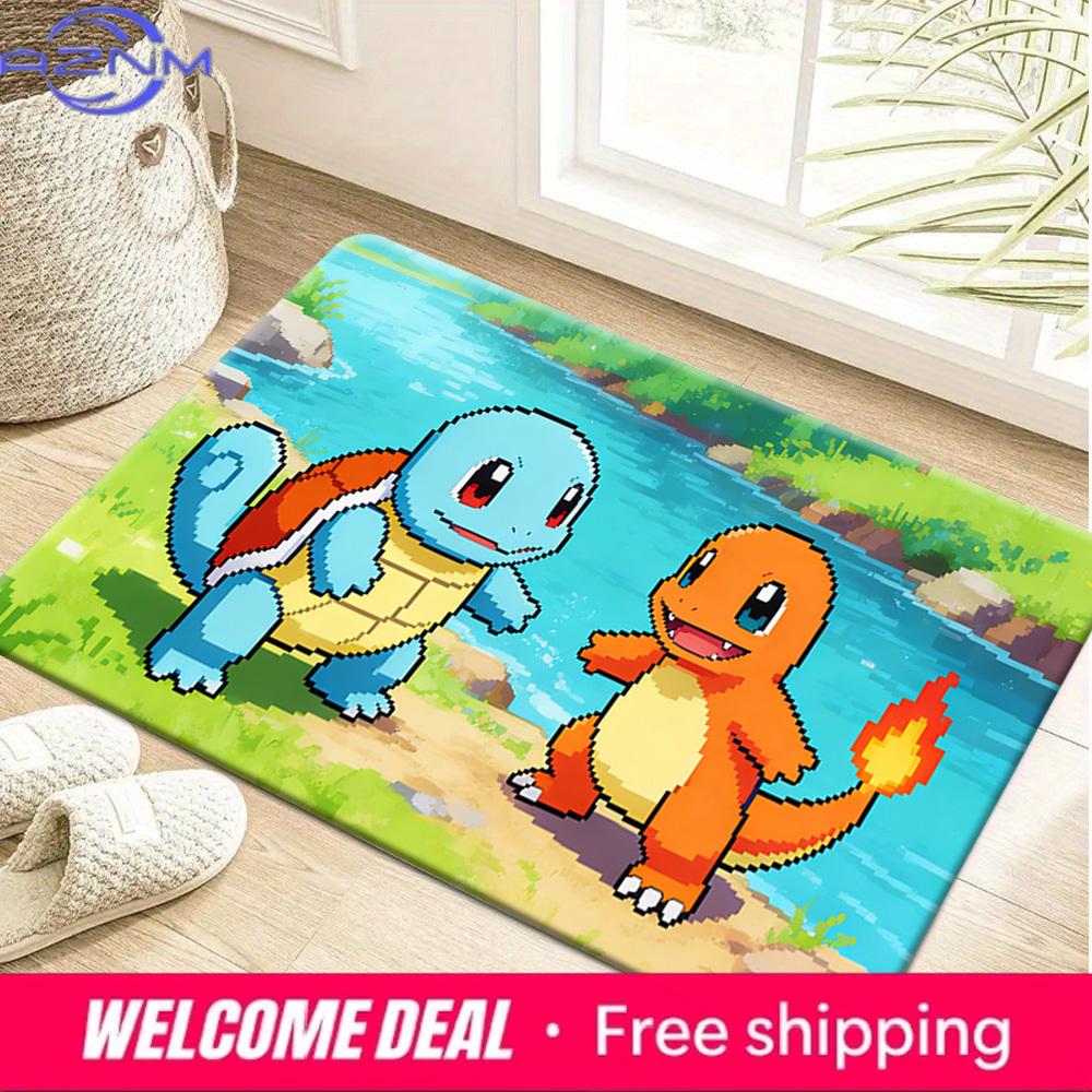 Pokemon Squirtle and Charmander Pixel River Print Non-slip Doormat, Soft Absorbent Floor Rug for Home Decor