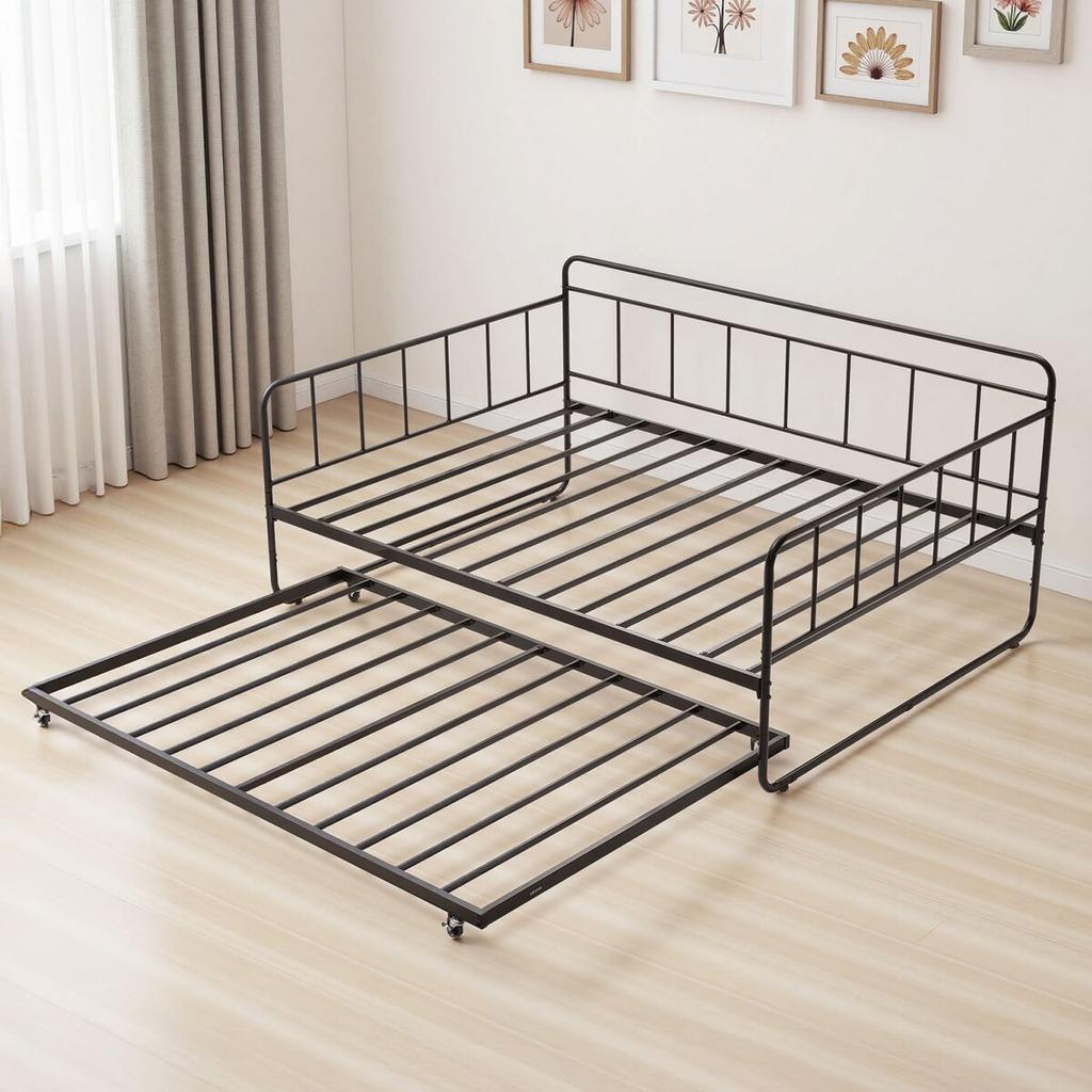 Full Size Daybed Frame, Day Bed with Trundle, Heavy Duty Metal Platform Bed Frame, Full Daybed with Metal Slats Support for Living Room, Bedroom,
