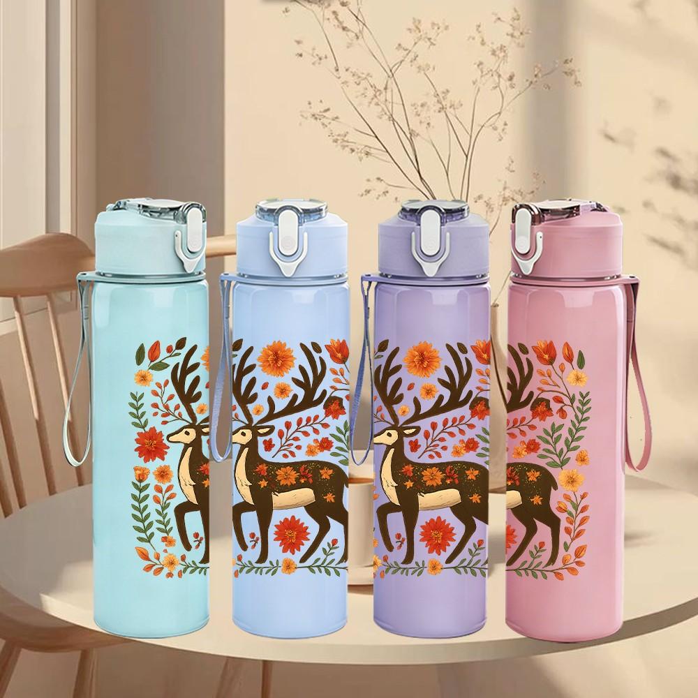1PC Floral Folk Deer Art 750ml Color Plastic Sports Water Bottle Leakproof Flip Straw Lid Suitable for Sports Office Home Use