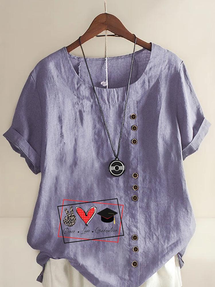 Women's Fashion Love Print Shot Sleeve T-shirt Loose Cotton Shirt Casual Loose Summer Blouse Tops Plus Size