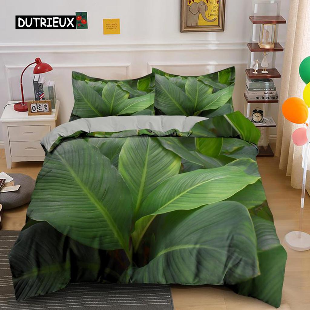 Тропические Ботанические Листья King Size Queen Size Пододеяльник Зеленые Пальмовые Листья Премиум Полиэстер Комплект Постельного Белья для Детей Подростков Взрослых с Наволочкой