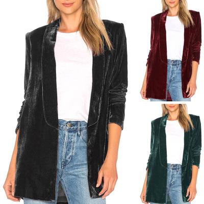 Женская мода с длинным рукавом золотого бархата сплошной повседневный свободный кардиган пальто