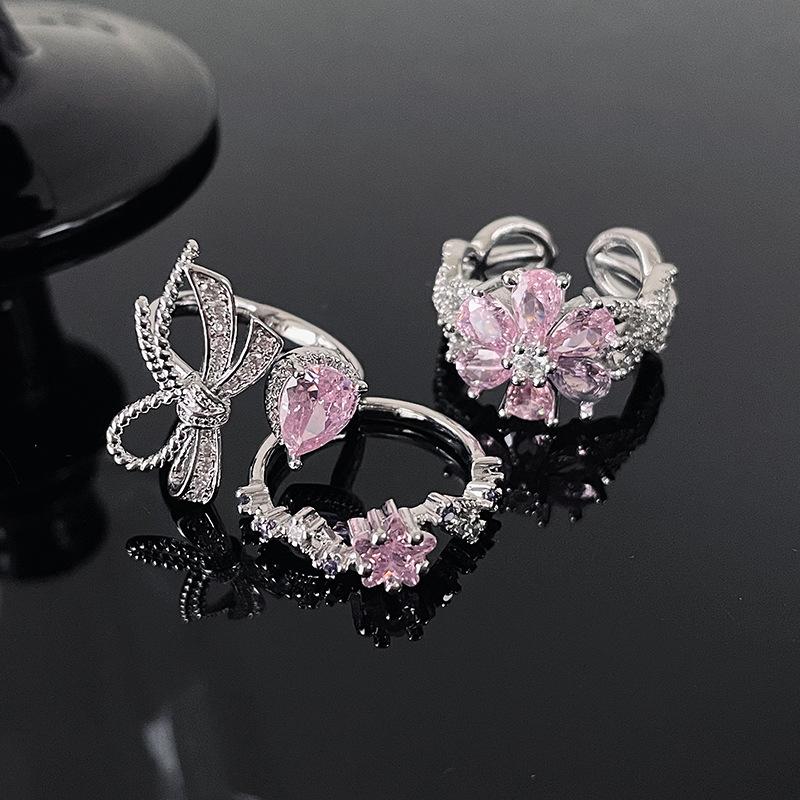 Pink Series Bow Full Diamond Zir*****Pen Ring Flower Light Luxury High-End Niche Design Ring