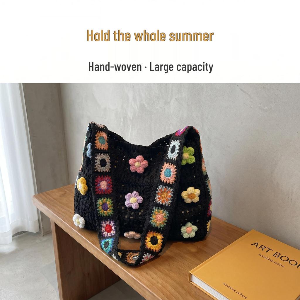 Sunflower Yarn DIY Kit: Large Capacity Knitted Shoulder Bag for Women, Fresh Seaside Vacation Style 2026