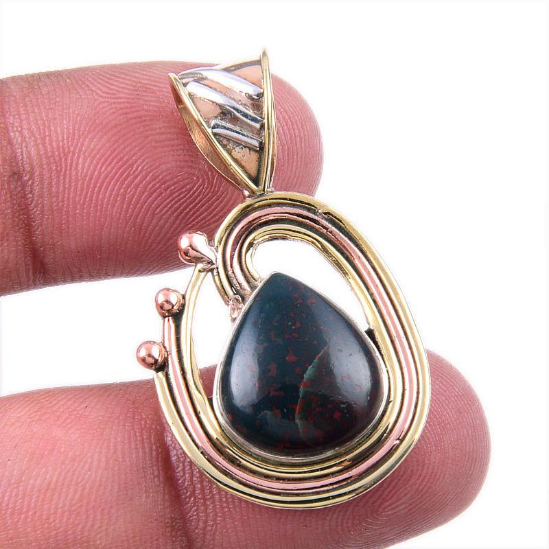 Natural Bloodstone Gemstone 925 Solid Sterling Silver TwoTone Pendant 1.50" b3L59