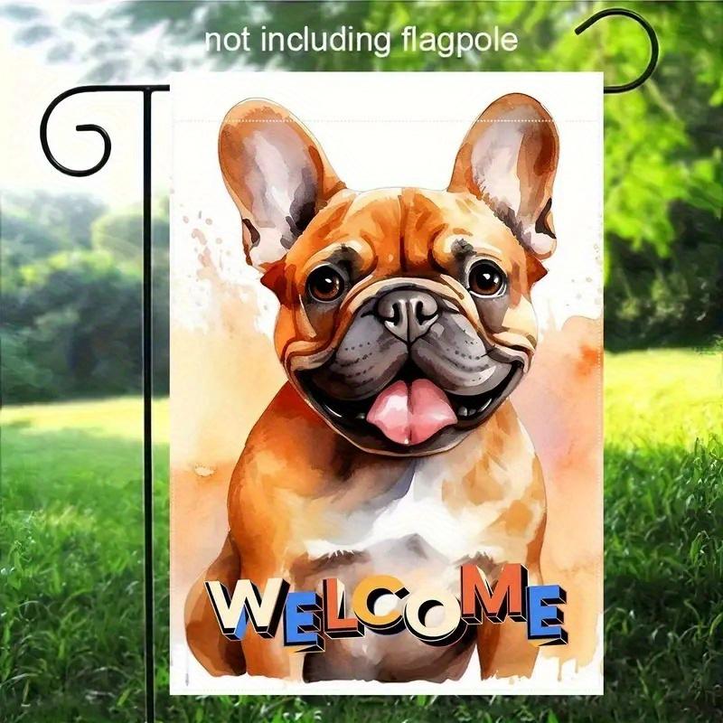 French Bulldog Welcome Flag, 18x12 inches/45x30cm, Linen Double-Sided, Outdoor Garden Decor, Vertical Thanksgiving Porch Flag, Christmas Yard Flag (Fl