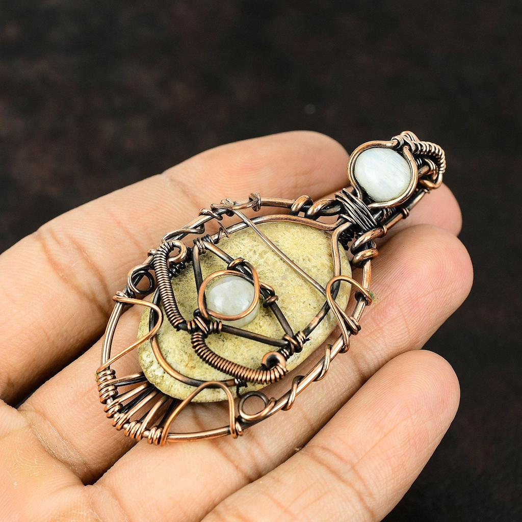 Дурной глаз ископаемый коралл драгоценный камень медная обертка ювелирные изделия ручной работы женский кулон лунный камень кулон от дурного глаза ювелирные изделия подарок для матери проволочные украшения