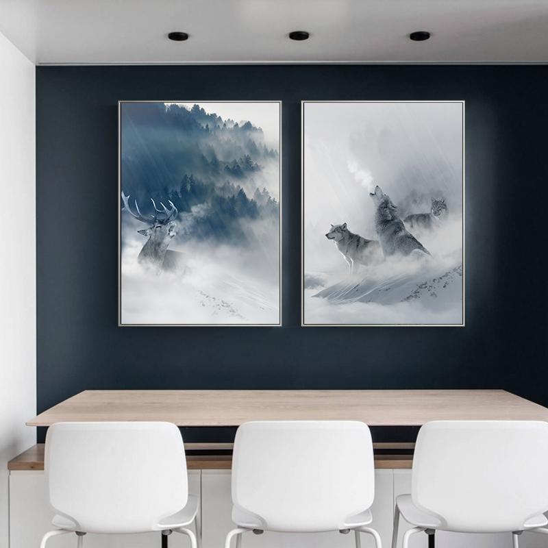 Скандинавский черно-белый постер с животными, волк, лось, настенная живопись на холсте, лес, снежная гора, принт, картина для гостиной, домашний декор