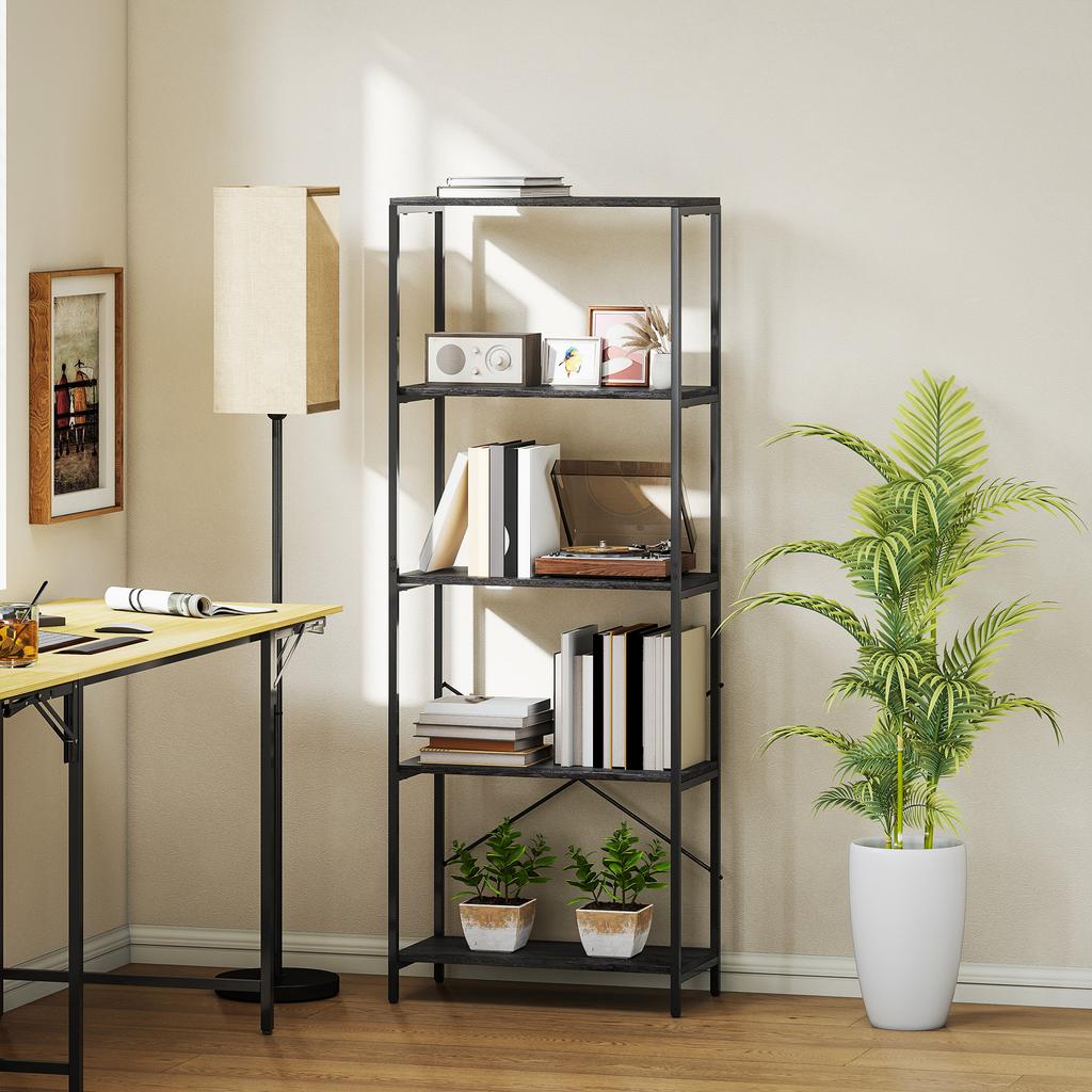 5 Tier Bookshelf Industrial Bookcase With Metal Frame Dark Grey And Black