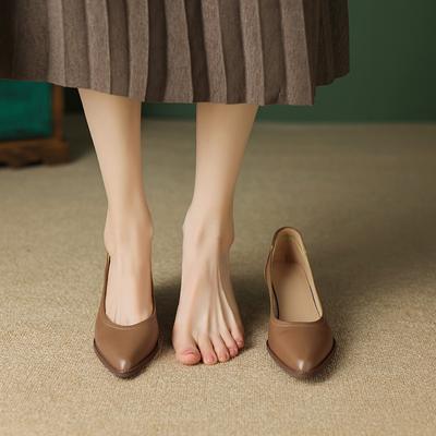 Модные Kaky's Новые Остроносые Кожаные Средний Каблук Большие Женские Одинарки, Повседневная Обувь, Рабочая Обувь