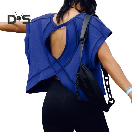 Женская беговая футболка с круглым вырезом и коротким рукавом, открытая спина, спортивный топ свободного кроя, однотонные повседневные топы для спортзала