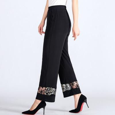 Летние тонкие эластичные прямые брюки с высокой посадкой, повседневные, свободные, длиной девять точек, с кружевной вставкой