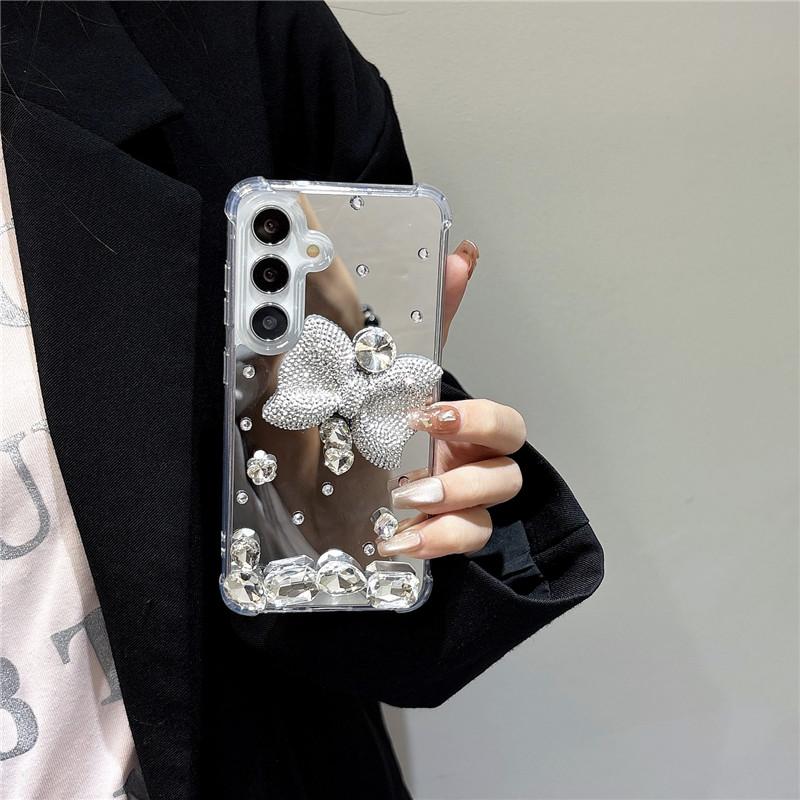 Bling Diamond Bow Mirror Makeup Case For Samsung Galaxy S25 Ultra S21 S22 S23 FE S24 Glitter Rhinestone Acrylic Shockproof Cover