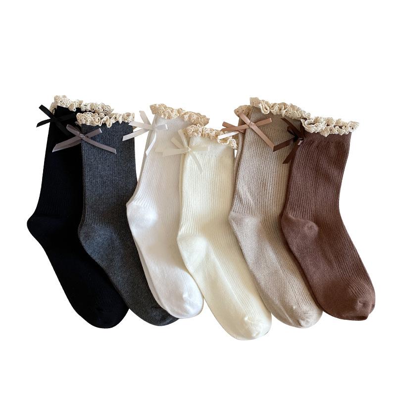 Кружевные носки, Милые гольфы до середины икры с лентами-бантами в стиле Лолита, Белые махровые длинные гольфы, Ретро