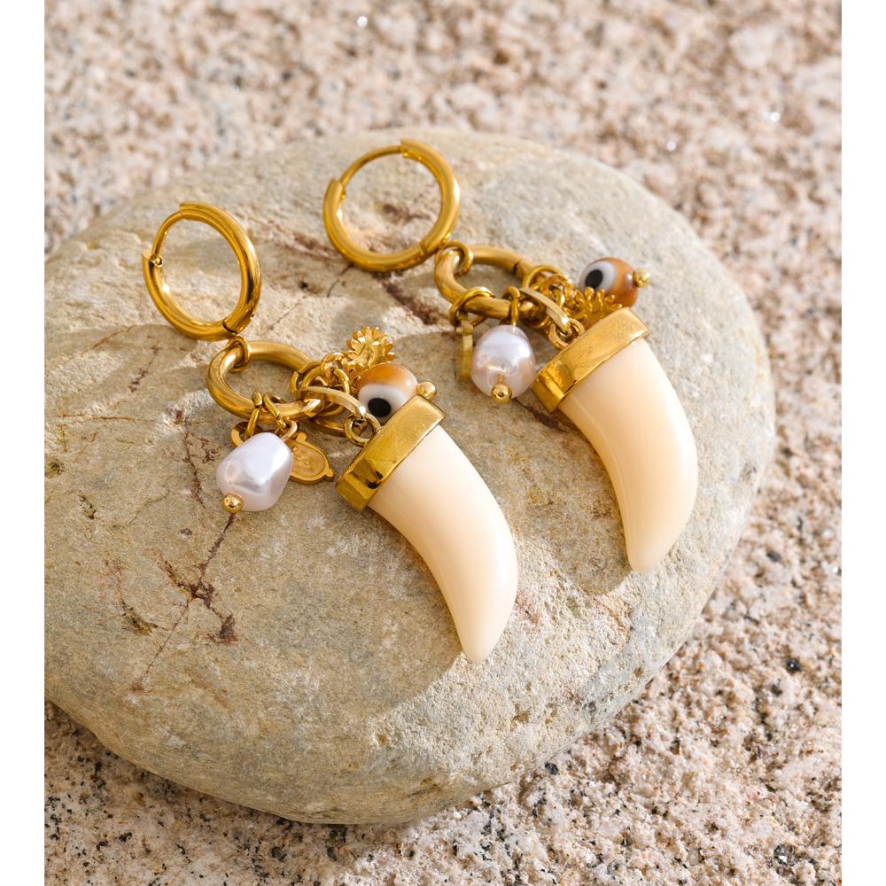 Yhpup Horn Handmade Hoop Earrings for Women Resin Acrylic Imitation Pearl Drop Fashion Stainless Steel Charm Jewelry Recommend
