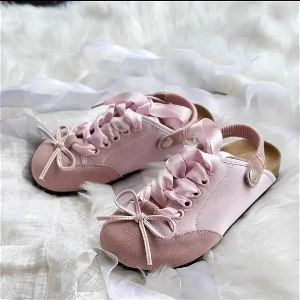 Fashion Bow Lace Up Women Sandals Flats Shoes Slippers Mules Designer 2024 Summer New Brand Dress Casual Outdoor Mujer Zapatos Slides