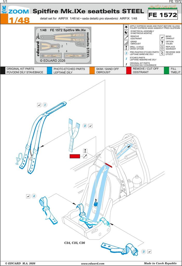Eduard Zoom Series Supermarine Spitfire Stainless Steel Plastic Model Parts EDUFE1572 1/48 Mk.IXe Seatbelts, (for Airfix) (Airplane)