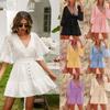 Women White Boho Swing Ruffle Dress Flared Short Sleeves V-neck Button Cake Beach Mini Robe Fashion Beachwear Outsuits Vestido