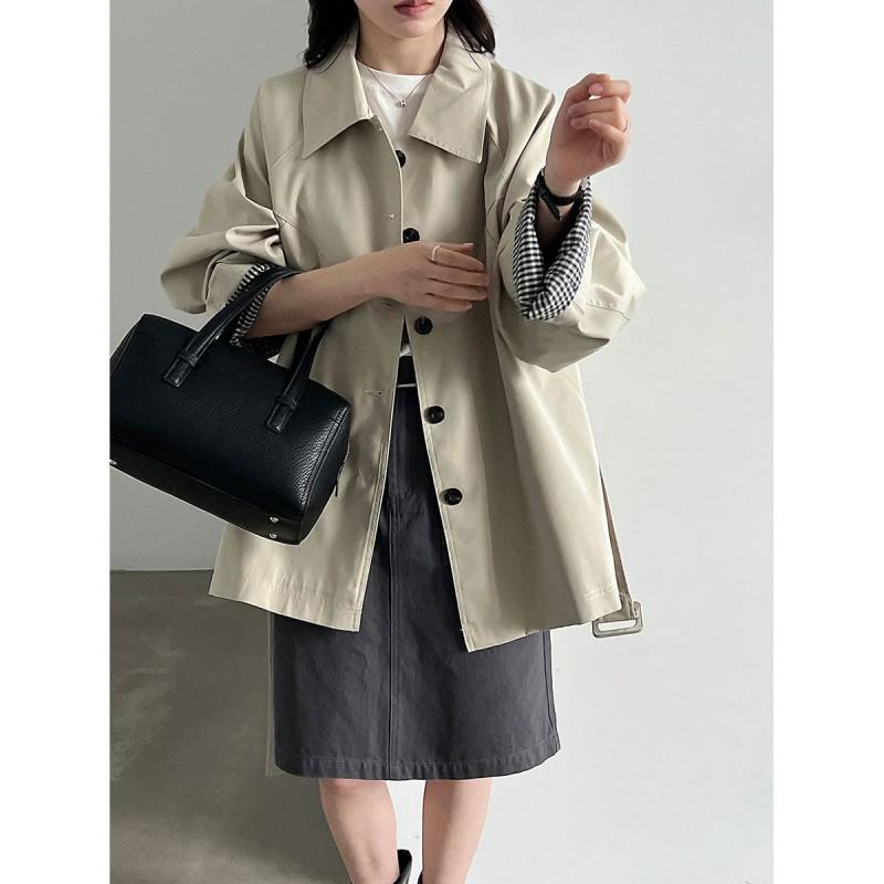 Womens Color Block Plaid Collar Single-Breasted Trench Coat Belted Waist Casual Outerwear