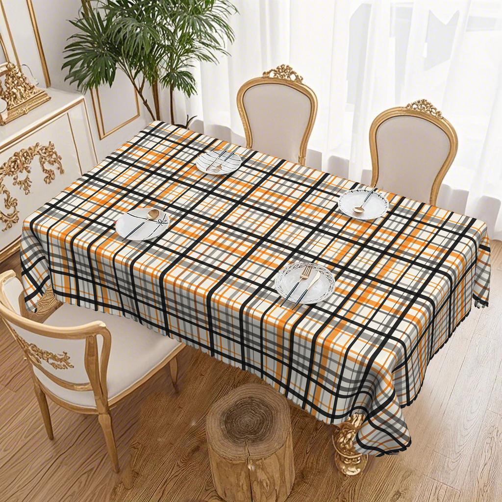 Orange And Black Plaid Waterproof And Oil-Proof Leave-In Tablecloth, Dining Table Coffee Table Tablecloth, Simple Dining Table Cloth
