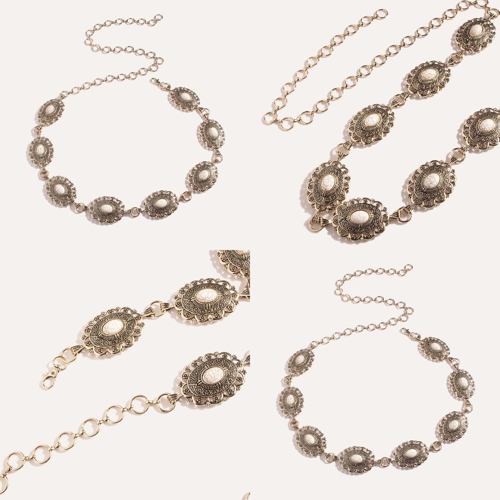 Металлический пояс в готическом стиле с замысловатой гравировкой и акцентом из имитации белой бирюзы для женщин