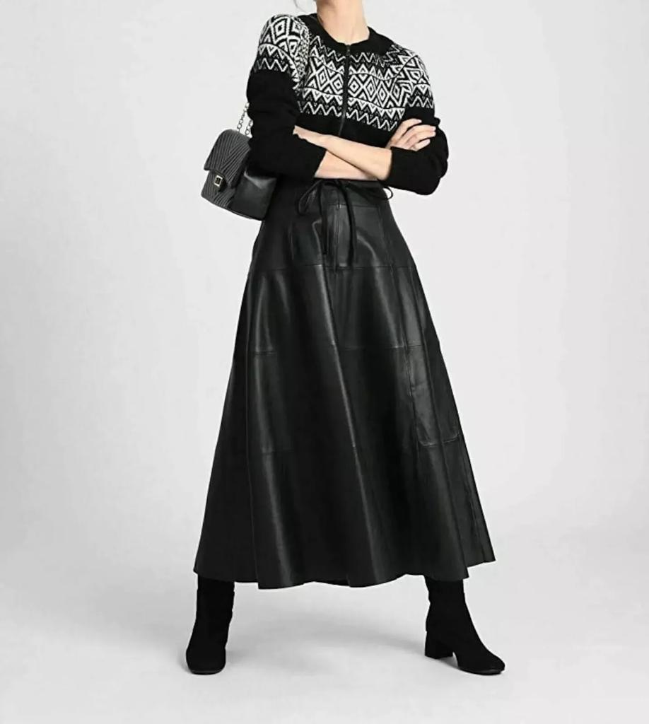 Стильная черная кожаная юбка женская длинная из натуральной овчины ручной работы элегантная одежда