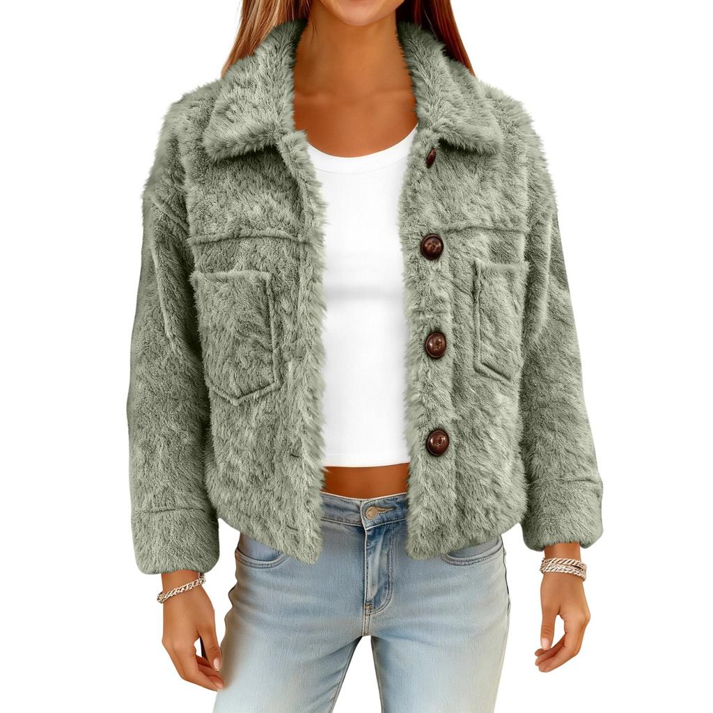 Women's Fashionable Solid Color Long Sleeved Pocket Plush Warm And Loose Casual Short Jacket