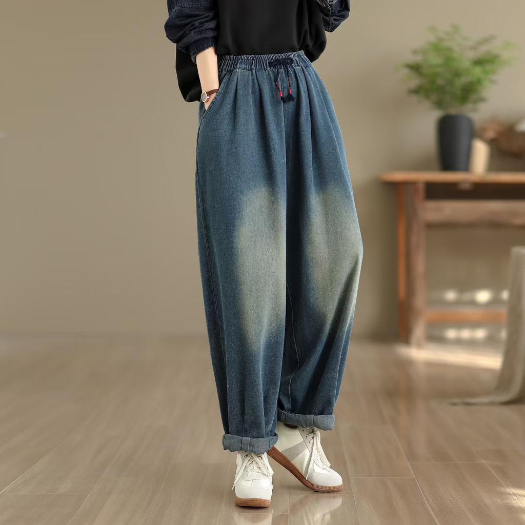 Dimanaf 2025 Summer Women Jeans Solid Harem Pants High Waist Elastic Basic Loose Harem Pants