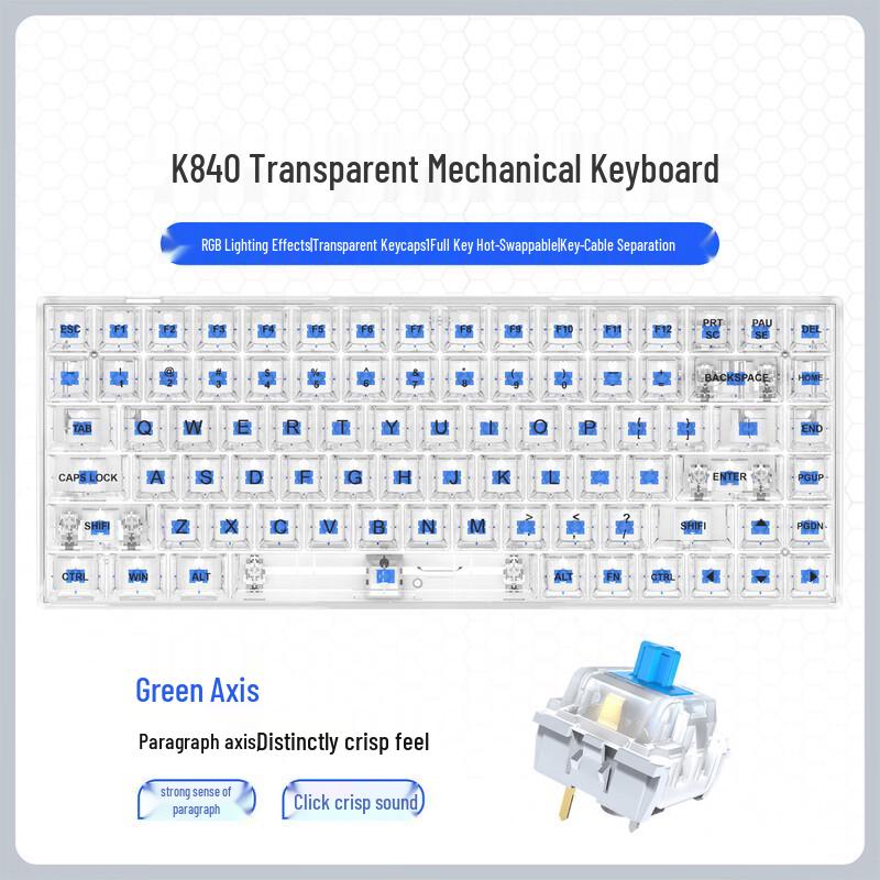 Y-FRUITFUL 84-Key Wired Hot-Swappable Mechanical Keyboard with Transparent Keycaps & Blue Switches