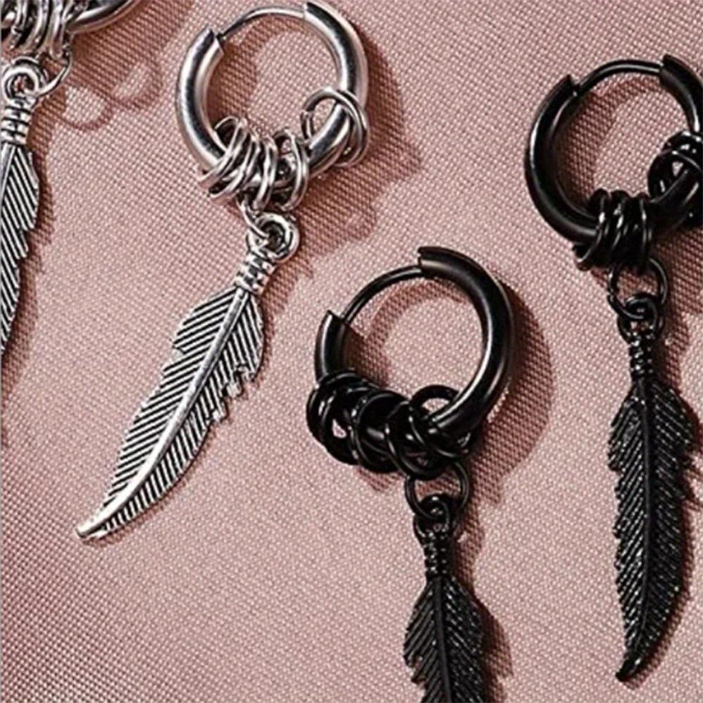 1 пара серег-колец и набор серег с перьями, модный уличный стиль Гонконгский хип-хоп стиль, ретро персонализированные мужские и женские серьги.