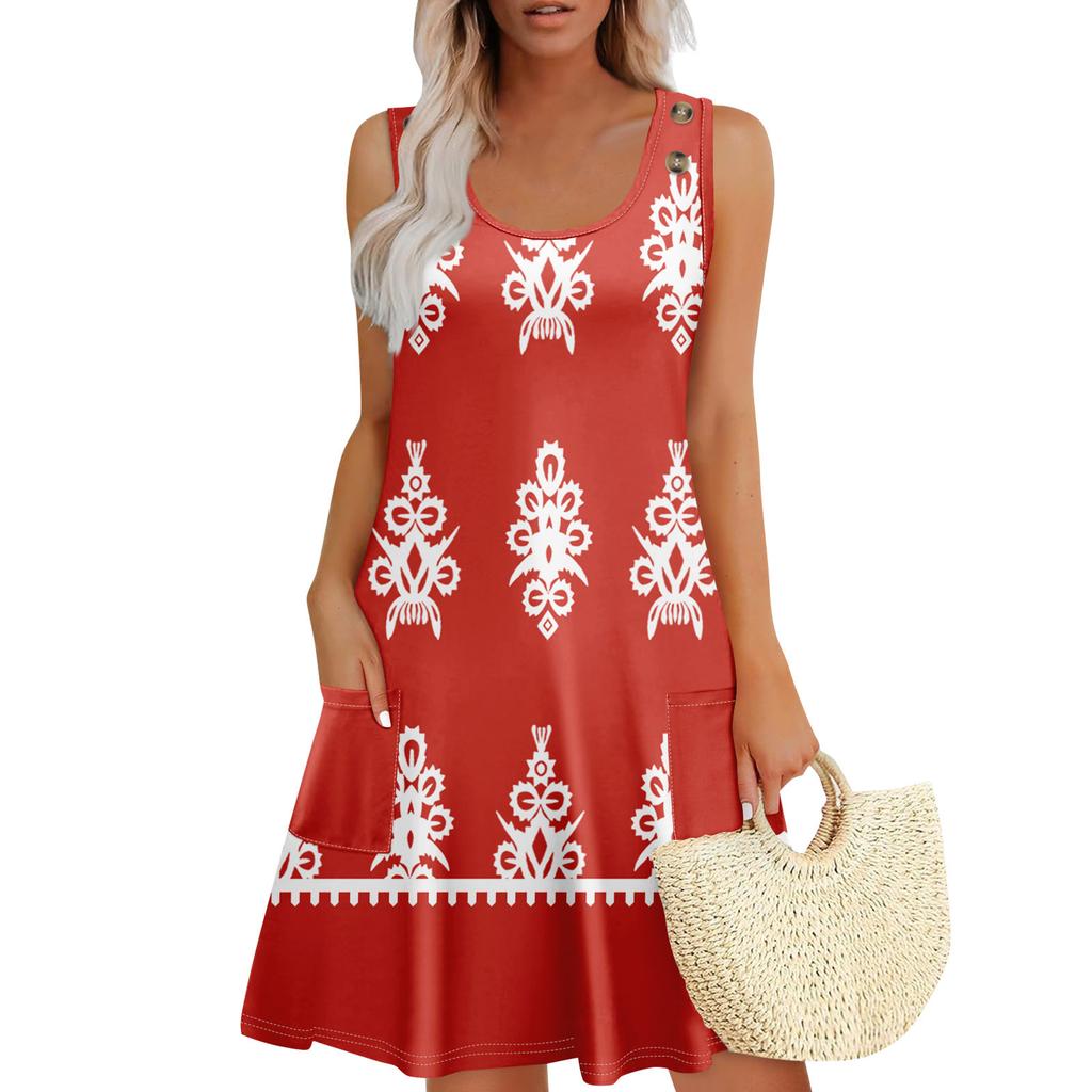 Summer Dresses For Women Beach Boho Sleeveless Printing Flowy Pocket Tshirt Tank Sundresses