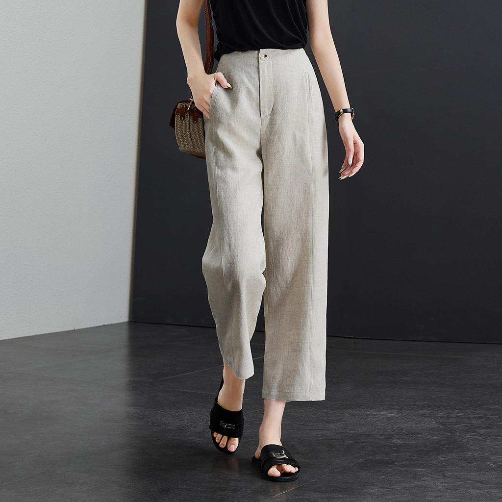 Simple commuting linen straight leg pants for women in summer 2025, fashionable, loose, versatile, and casual cropped pants