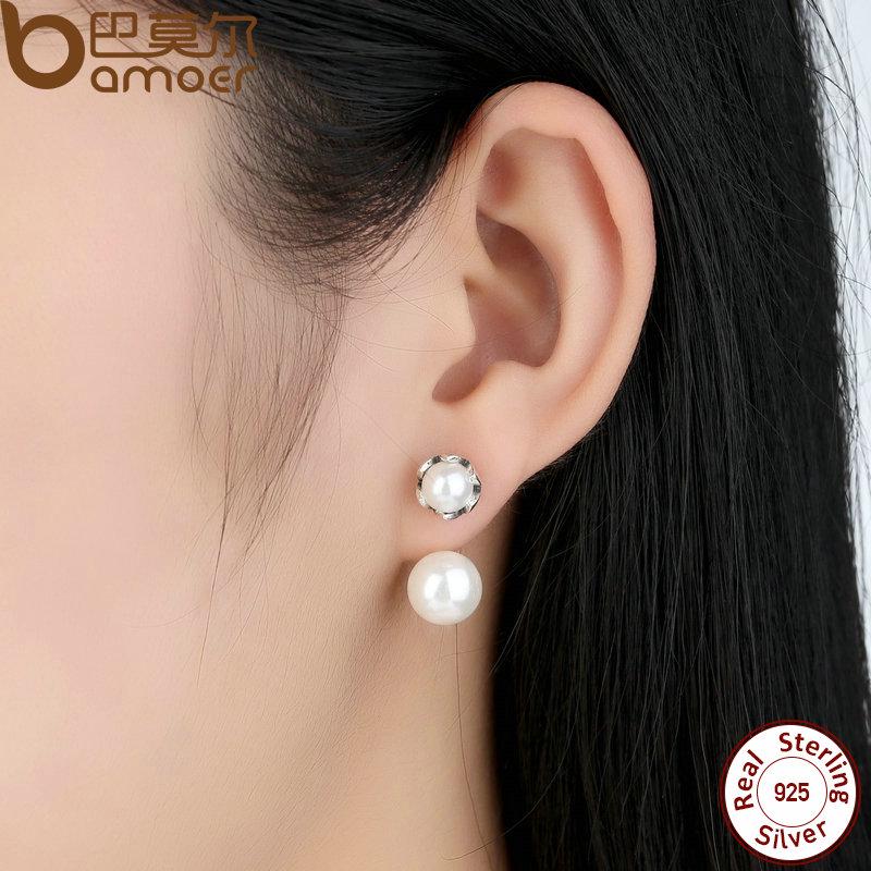 BAMOER New 100% Authentic 925 Sterling Silver Simulated Pearls Jewelry Special Style Female Drop Earrings SCE002