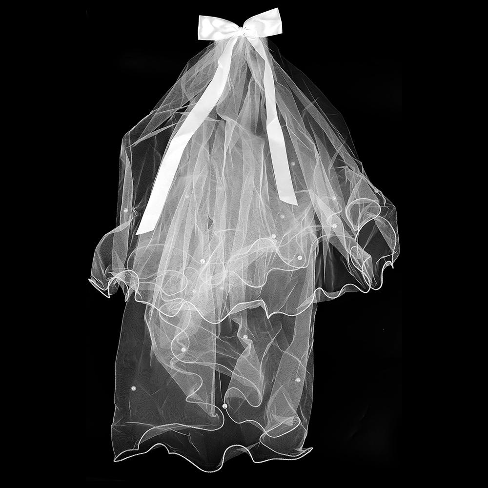 Завитая двухслойная вуаль с жемчужным бантом