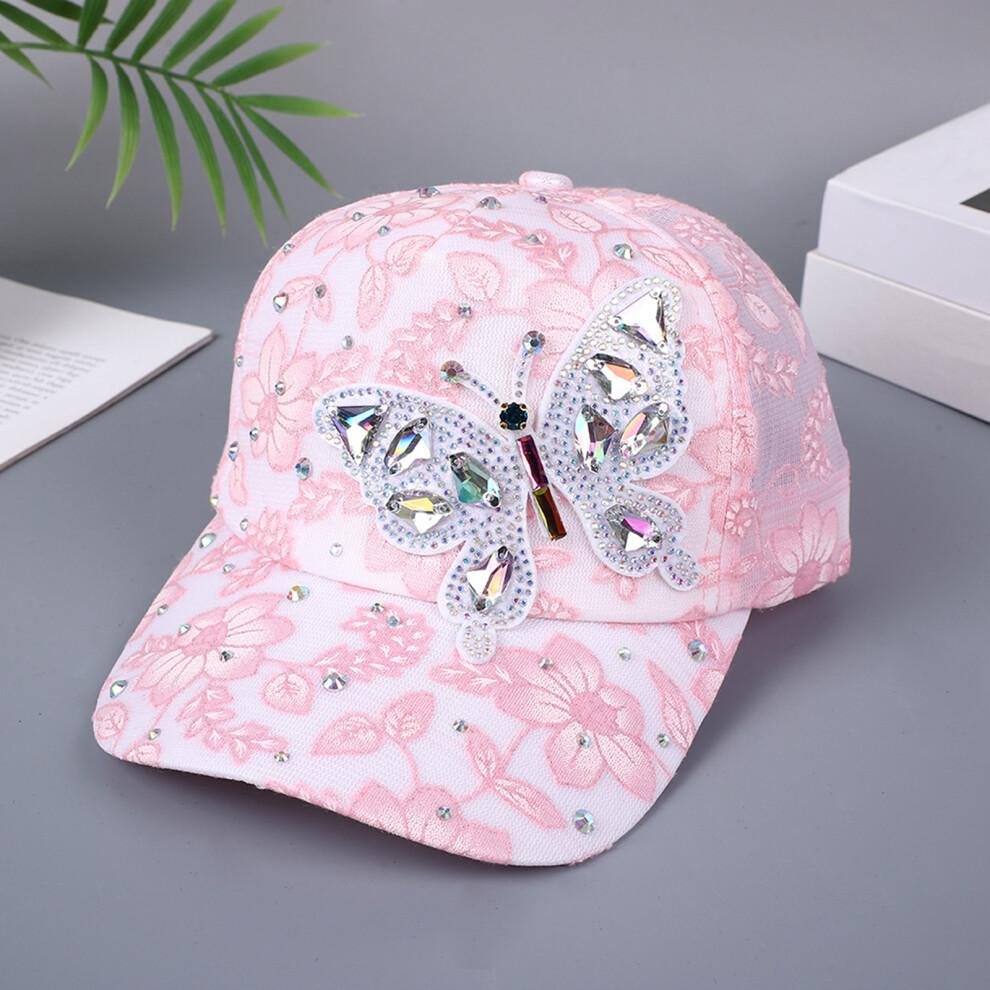 (One Size, Pink) Women's Baseball Cap Stylish Rhinestone Butterfly Flower Adjustable Breathable Wide Brim Sun Hat
