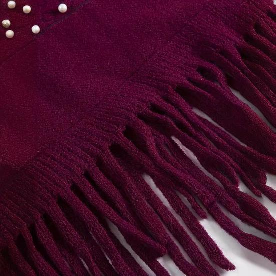 Женский плащ осень-зима с кисточками и бусинами, декор из искусственного меха, треугольной формы, однотонный, сохраняющий тепло, эластичный, пончо, болеро, в стиле бохо, с косами