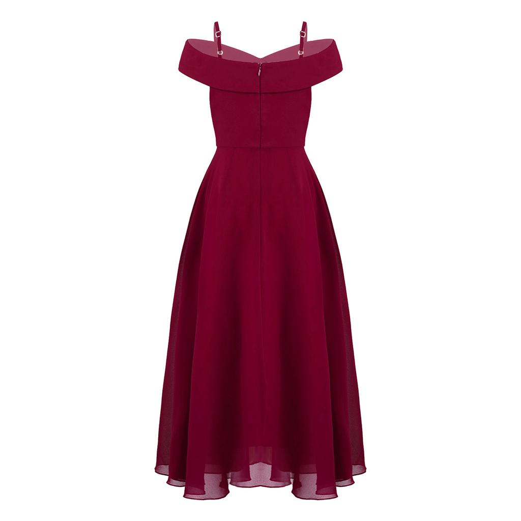 Kids Girls Elegant Chiffon Party Dress Off Shoulder Adjustable Strap Floor Length Evening Gown