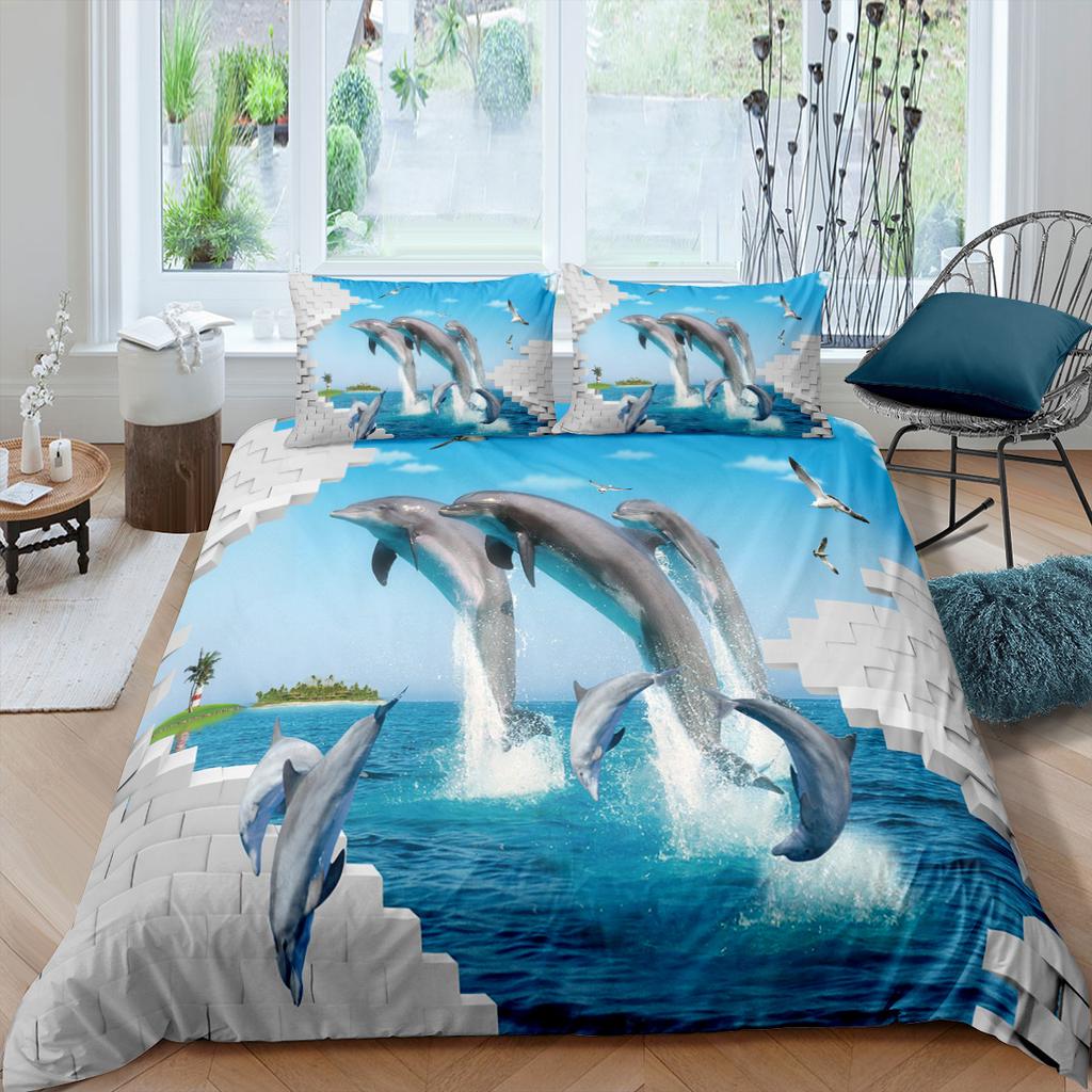 Dolphin Duvet Cover Set 3D Fish In Blue Sea Cute Animals Queen King Twin Full Size Bedding Set For Kids Boy Girl Comforter Cover