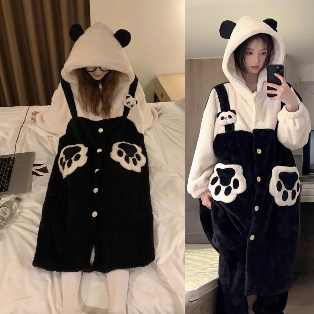 LAVASEON Cute Panda Winter Fluffy Hooded Pajamas with Plus Sizes Thick and Warm for Fall and Stylish and Warm Women's Pajamas, Loungewear, Gloves,