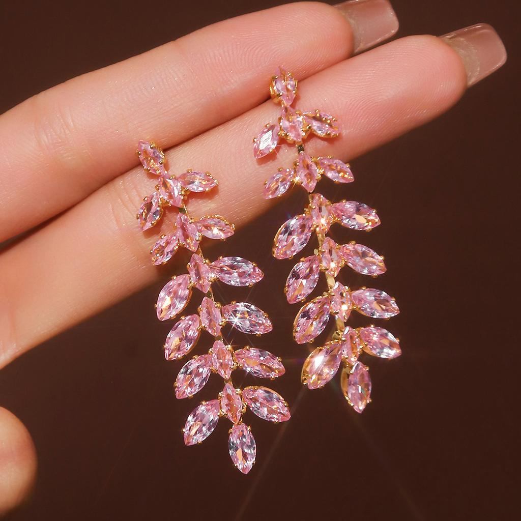 2pcs Fashionable and High-end Long Tassel Full Zircon Leaf Earrings for Women's Banquet Dress Accessories