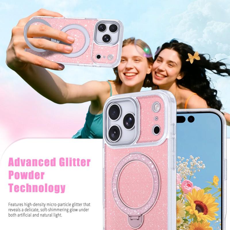 Transparent Glitter Phone Case IPhone 17 Pro Max With Magnetic Snap Fit Rotating Stand Support