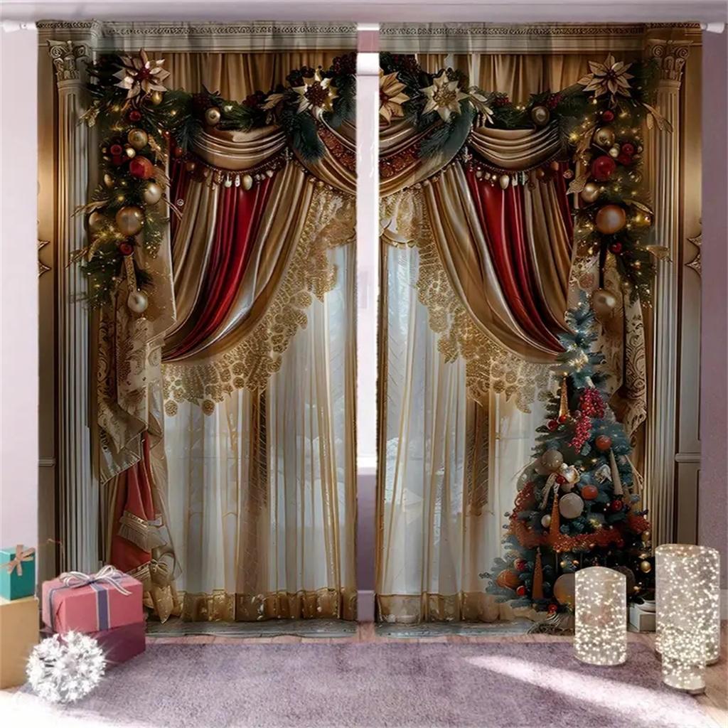 2Pcs Christmas Present Luxurious Christmas Decoration Curtains Festive Digital Print Holiday Decor Living Room Bedroom Kitchen
